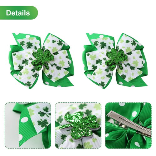 2 Pack St Patricks Day Hair Bows Green Glitter Clover Alligator Clips Girls Women Shamrock Irish Party Accessories 4 Inch