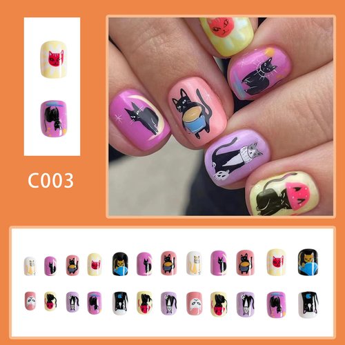Cute Press on Nails Square Short Length 24Pcs Glossy Full Cover Artificial Fake Nails with Cat Cartoon Designs Coffin Acrylic False Nails Glue on Nails Square Stick on Fingernails for Women Girls