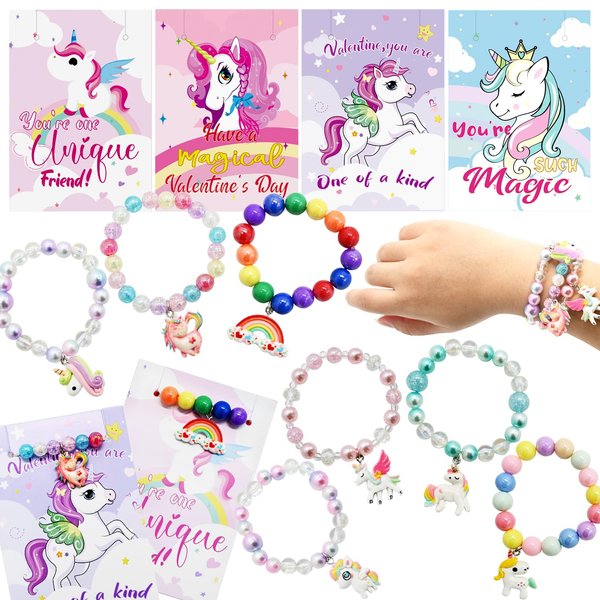 UMEELR 28 Packs Unicorn Valentines Day Cards with Rainbow Bracelets for Kids Classroom Prizes, Valentine's Party Favors Toys for Girls and Valentine School Exchange Gifts Greeting Cards