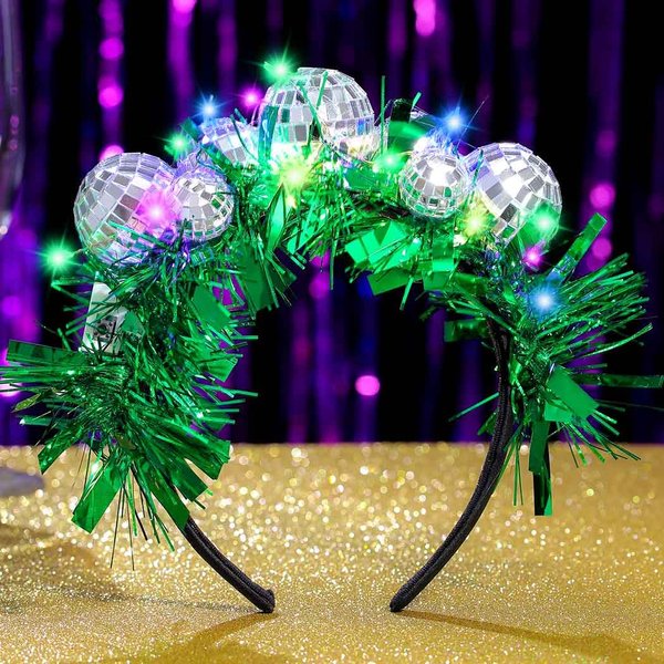 Uranian Light Up Disco Ball Headbands Mirror Balls Hair Bands LED Green Tinsel Hair Hoop Festival 70s Party Costume Hair Accessories for Women