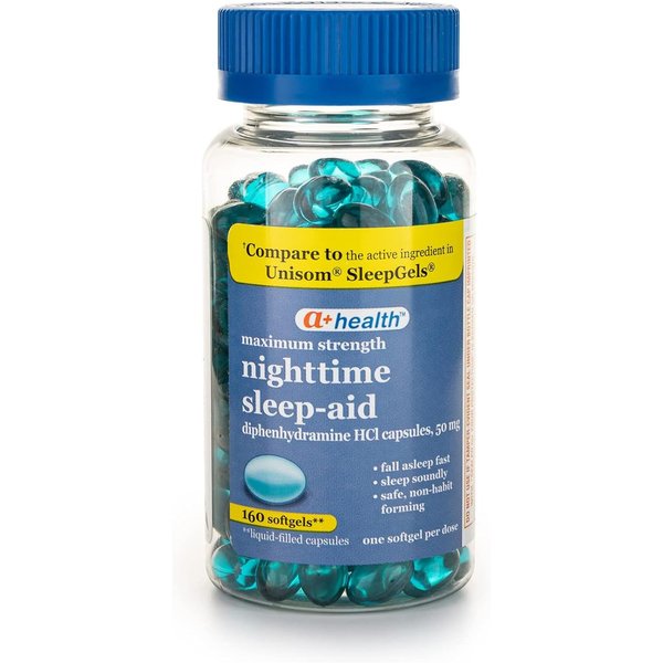 A+Health Nighttime Sleep Aid Diphenhydramine 50mg Softgels, Maximum Strength, 160 Count