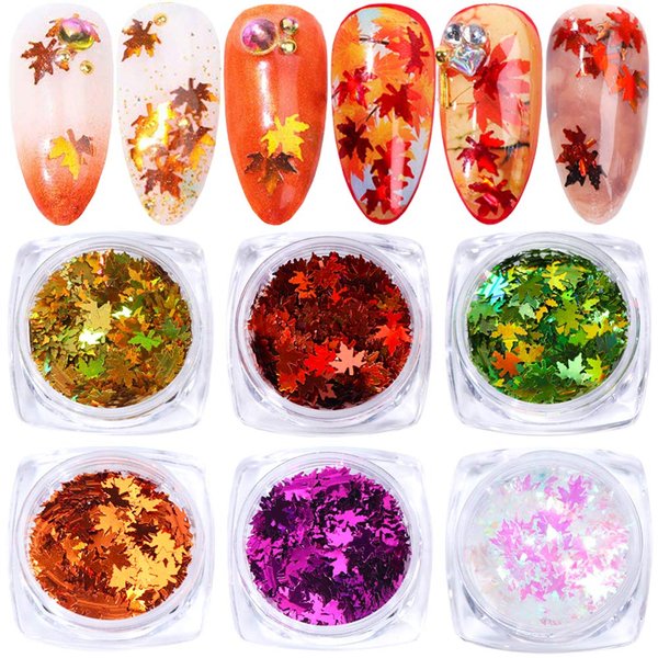 6 Colors Fall Nail Art Decals 3D Maple Leaves Nail Sequins Autumn Glitter Nails Supply Maple Leaf Design Nail Stickers Laser Acrylic Nails Flakes Confetti Glitters Sheets Tips Nail Art Decoration