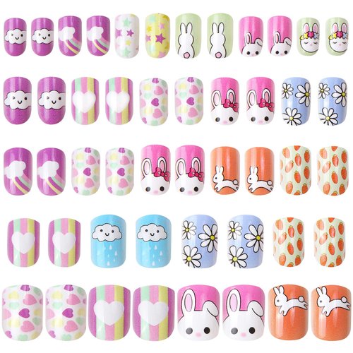 JANYUN 48 Pcs Stick on Nails for Kids Fake Nails for Girls False Nails Lovely Children Gift Nail Art Decoration (Girl Theme)