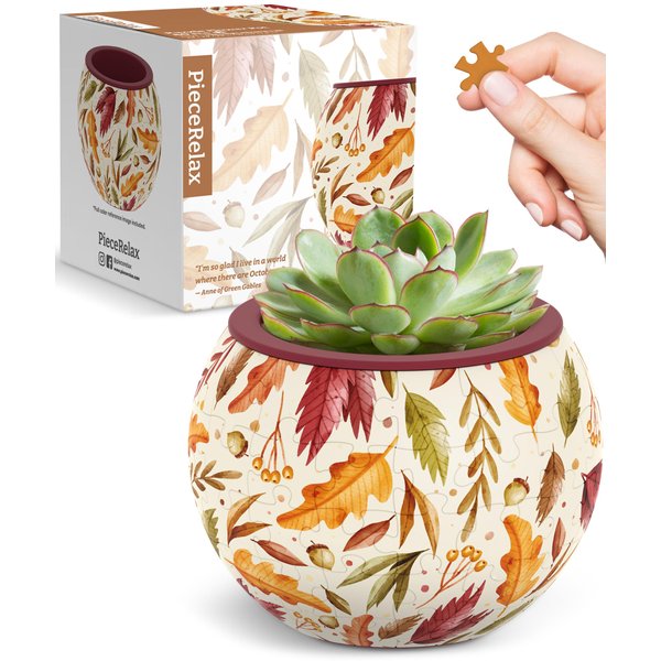 PieceRelax 3D Puzzle Planter - Dancing Leaves in Fall - Small Round Plant Pots with Drainage, Home Decor Flower Pots for Indoor Cactus, Succulents Pots [K1108]