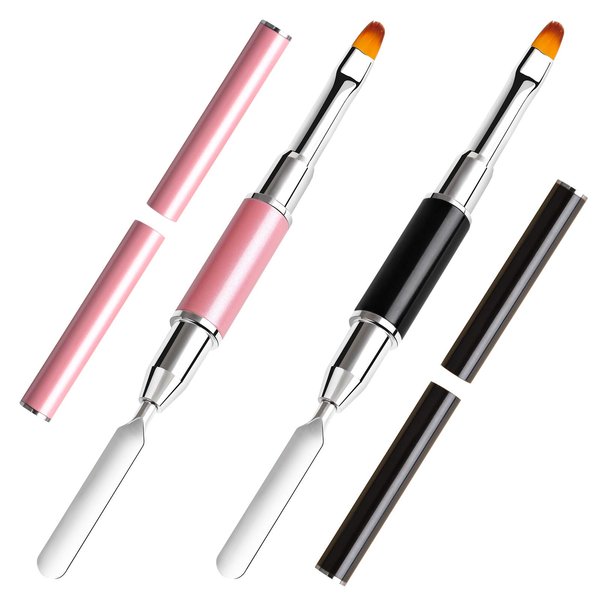 TOROKOM 2Pcs Poly gel Brush Dual-Ended Poly gel Brush and Spatula Picker Stainless Steel Poly gel Brush Pen for ​Nails Extension Application Tool(Pink & Black)