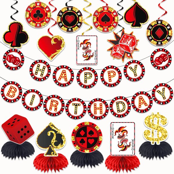 LARRAZABAL Casino Theme Party Decorations, Poker Party Decorations Include Happy Birthday Banner Hanging Swirls and Honeycomb Centerpiece Casino Poker Theme Birthday Party Supplies