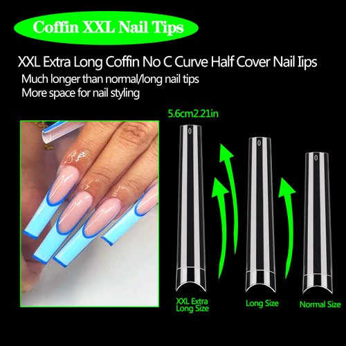 600PCS No C Curve Coffin Nail Tips for Acrylic Nails Professional, XXXL Clear Coffin Nail Tips, 12 Sizes Extra Long Acrylic Nail Tips Flattened Half Cover Fake Nails for Nail Salons and Home DIY