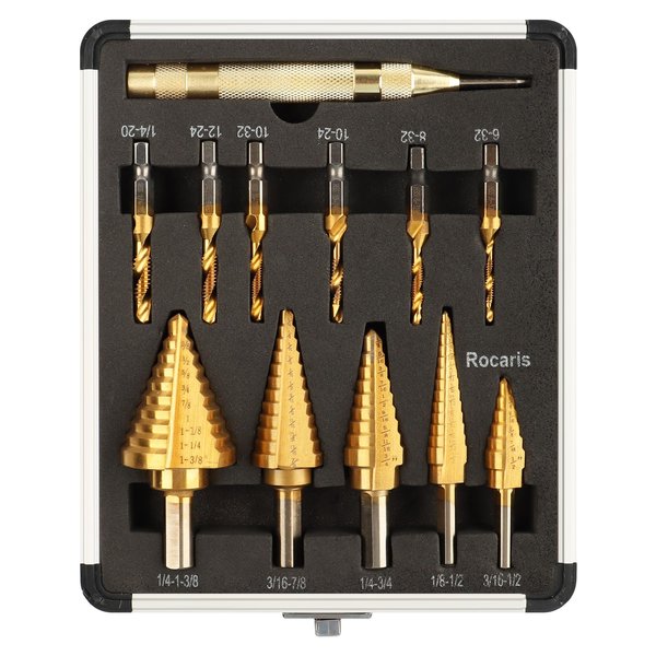 Rocaris 5 Pack Step Drill Bit Set & 6 Pack Tap Bit Set, 4241 Titanium Coated, 50 Sizes of High Speed Steel Step Drills for DIY Lovers Metalworking, Woodworking, Hole Drilling