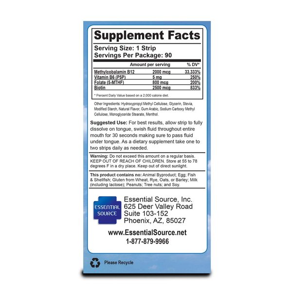 Essential Source Vitamin B12 Strips - Energy Supplement with 2000mcg of Methylcobalamin, B6, Folate & Biotin - Support Nerve & Brain Health, Stress Relief, Sleep - Winter Berry Flavor, 90 Day Supply