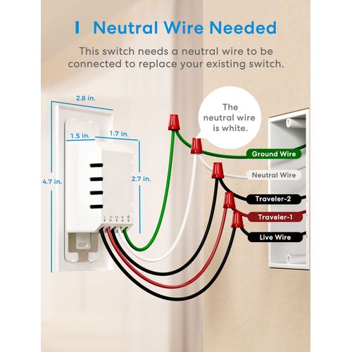 meross 3 Way Smart Switch, Smart Light Switch Supports Apple HomeKit, Siri, Alexa, Google Assistant & SmartThings, 2.4GHz WiFi Light Switch Neutral Wire Required, Remote Control Timer 1 Pack