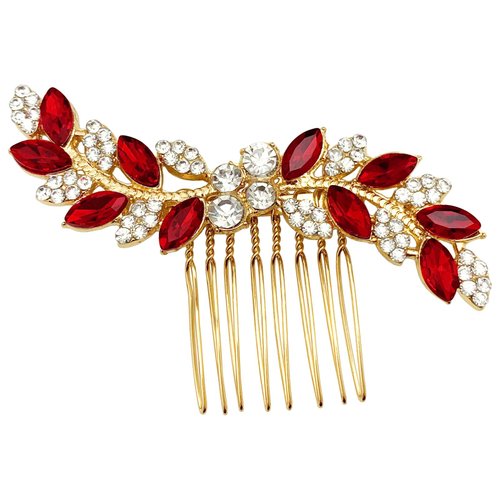 PRETTYLIFE Bridal Crystal Hair Comb Small Wedding Alloy Rhinestone Party Prom Hair Piece Accessories Elegant for Women Girls (Red + Gold)