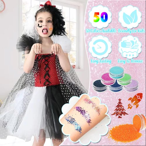 TEUVO Glitter Tattoo Kit for Kids, 50 Glitter Colors, 199 Stencils, 2 Gem Stickers, 4 Glue, 5 Brushes Body Face Arts Glitter Makeup Temporary Tattoos for Girls Halloween Christmas Birthday Party Gifts