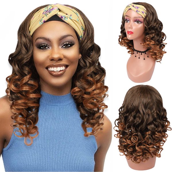 Curly Wigs for Black Women Long Curly Headband Wig None Lace Front Glueless Wig Soft Big Bouncy Fluffy Big Curls Wig Heat Resistant Synthetic Wig for Daily Party Use (Black to BrownT30#,17Inch)