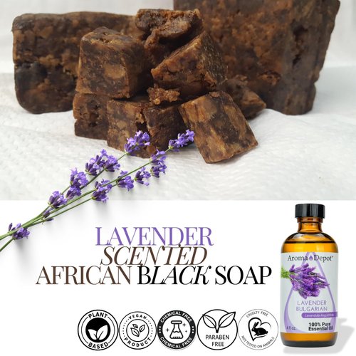 Aroma Depot African Black Soap 8 oz. Scented Lavender Bar Handmade with Shea Butter, Essential Oil. 100% Natural Infused Soap For Face and as a Body Wash.