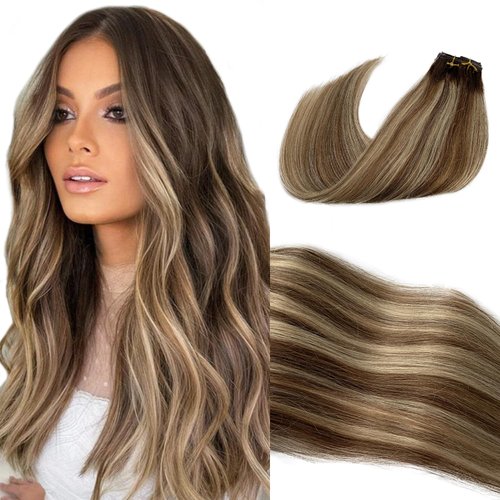 Clip in Hair Extensions Real Human Hair 22 Inch 5 Pieces Highlight Ombre Clip in Hair Extensions Double Weft Ash Brown to Bleach Blonde Balayage Clip on Extensions Human Hair for Women 70g