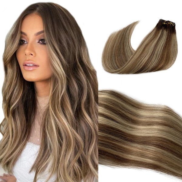 Clip in Hair Extensions Real Human Hair 22 Inch 5 Pieces Highlight Ombre Clip in Hair Extensions Double Weft Ash Brown to Bleach Blonde Balayage Clip on Extensions Human Hair for Women 70g