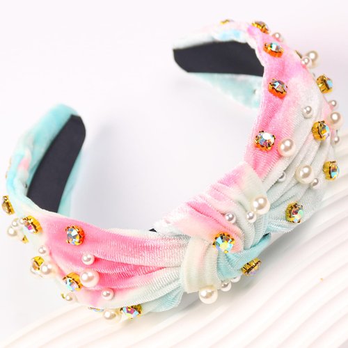SeBneny Crystal Rhinestone Headbands for Women Pearl Knotted Headband Diamond Velvet Tie Dye Headwear Pink Fabric Broad Cute Top Knot Headband Gift for Women Party Supplies 1PCS