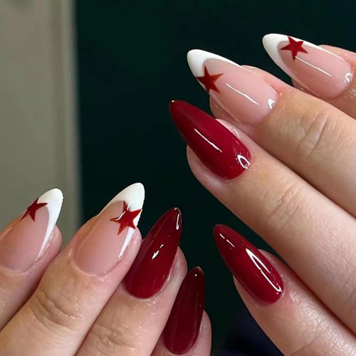 Y2K Press on Nails Medium Almond MABKJLF French Tip Fake Nails Wine Red Full Cover Red Star False Nails with Designs Glossy Glue on Nails Acrylic Nails Manicure Artificial Nails for Women Girls 24Pcs