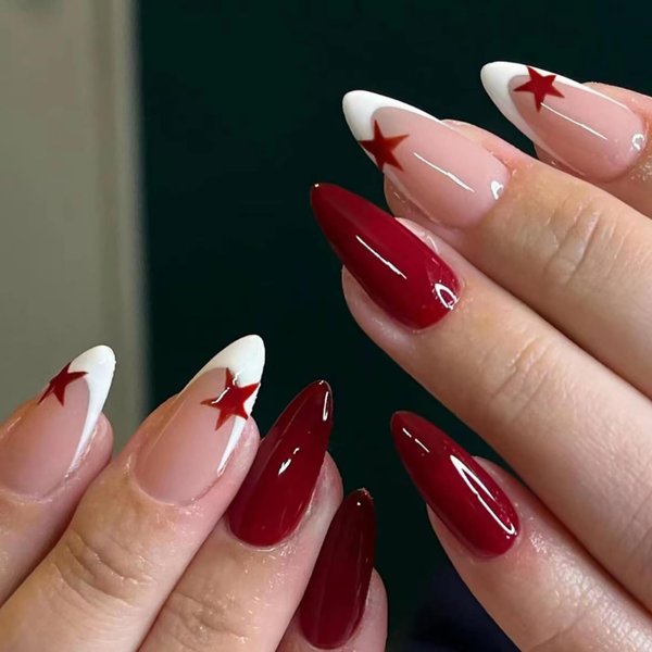 Y2K Press on Nails Medium Almond MABKJLF French Tip Fake Nails Wine Red Full Cover Red Star False Nails with Designs Glossy Glue on Nails Acrylic Nails Manicure Artificial Nails for Women Girls 24Pcs