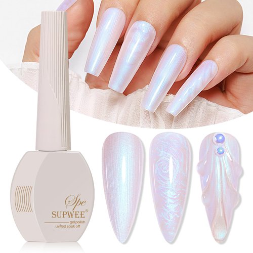 SUPWEE Pearl Gel Nail Polish, 15ml Pearlescent Nail Gel Polish Shimmer Mermaid Nail Polish for Nails Shell Swirl Thread Effect Soak Off UV Gel Summer Colors