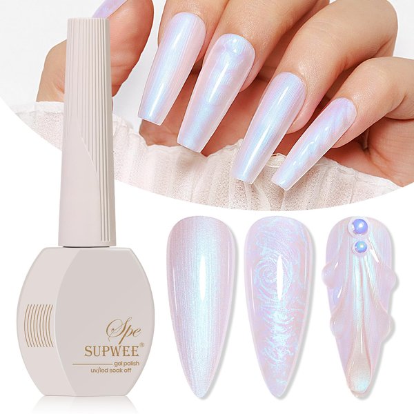 SUPWEE Pearl Gel Nail Polish, 15ml Pearlescent Nail Gel Polish Shimmer Mermaid Nail Polish for Nails Shell Swirl Thread Effect Soak Off UV Gel Summer Colors