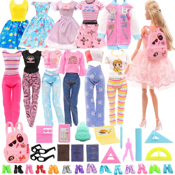 31 Pcs Doll Clothes and Accessories for 11.5 Inch Doll Dress Up Including 2 Fashion Dress 3 Tops and Pants 10 Shoes 2 Glasses and 14 Study Accessories