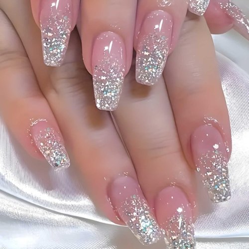 Hkanlre Bling Press on Nails Long Fake Nails Tips Full Cover Sequins False Coffin Nails for Women and Girls 24PCS