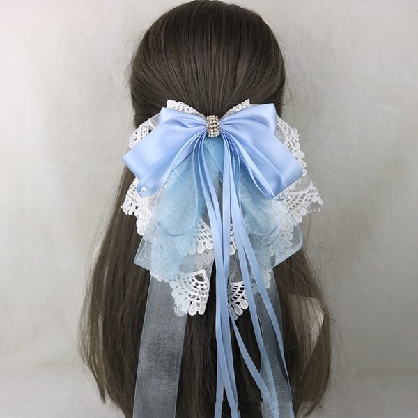 Women Handmade Ribbon Lace Sweet Cute Hairpin Lolita Big Bow Hair Clips Lolita Party Princess Barrette Hair Accessories (Blue)