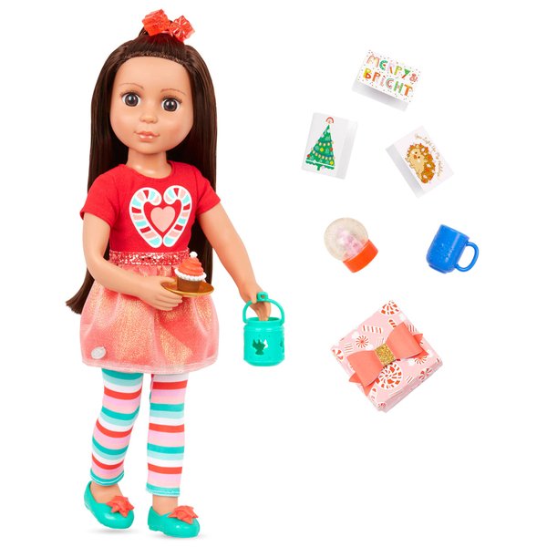 Glitter Girls – 14-Inch Posable Doll – Dark Brown Hair & Brown Eyes – Holiday Outfit & Accessories – Snow Globe, Gift Box & Cards – 3 Years + – Eve
