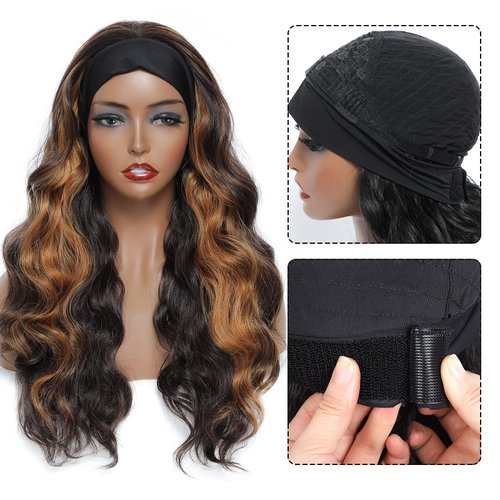 Brown Headband Wig 24 Inch Long Wavy Headband Wigs for Black Women Dark Brown Mix Blonde Highlights Loose Wave Headband Wig Synthetic Long Wigs for Women and Girls Daily Party Wear (Brown)