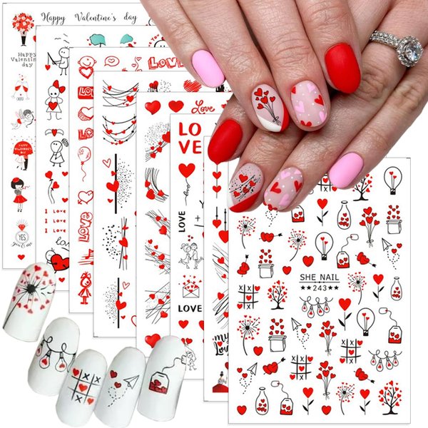 8 Sheets Valentines Nail Stickers 3D Heart Nail Art Stickers Self-Adhesive Valentine's Day Nail Decals Red Love Heart Nail Supplies Letter Simple Line Girl Nail Design Sticker for Women DIY Manicure