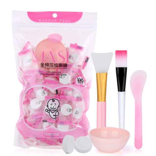 Pormasbenzer 100Pcs DIY Compressed Cotton Face Mask Sheet Grain, Dry Mask Paper Face Cotton Mask Sheet with Free of Mask Bowl, Mask Stick, Silicone Brush, Soft Bristle Brush