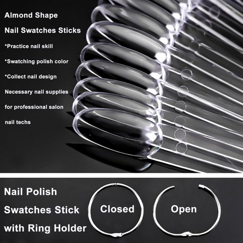 LoveOurHome 150pc Medium Almond Nail Swatch Sticks Vanish Gel Polish Color Design Display Stick Tips Clear Almond Fan Cards Nails Art Practice Sample Tools with Rings