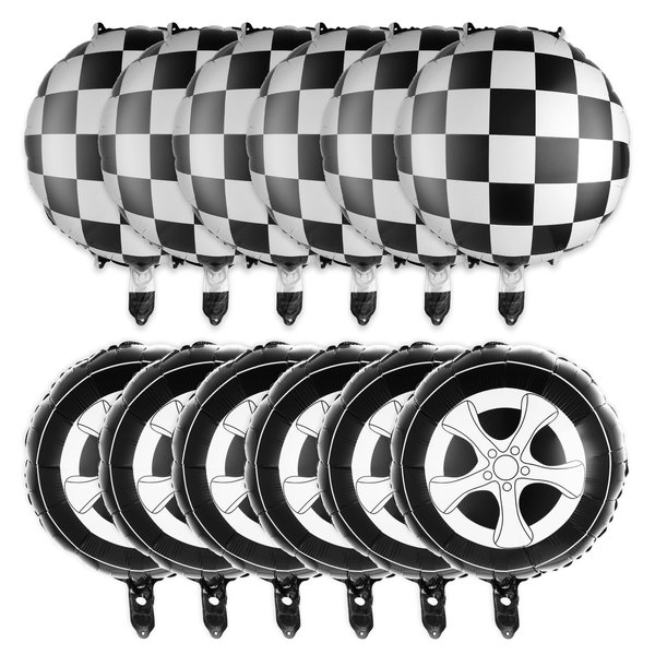 12 Pcs 18 Inch Black and White Checkered Balloons, Car Wheel Balloons Checkered Race Car Balloons Wheel Foil Balloons for Racing Theme Birthday Party Decoration Supplies