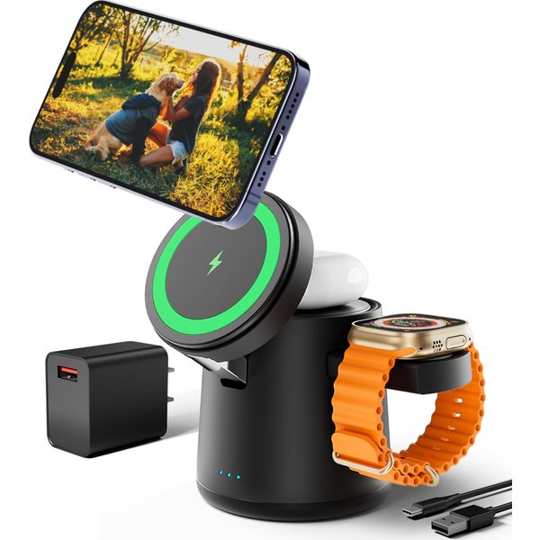2025 Upgrade 3 in 1 Charging Station for Apple MagSafe Charger, Adjustable Portable Wireless Charging Stand, Fast Wireless Charger Dock for iPhone 16 15 14 13 12 Pro Max & Apple Watch AirPods (Black)