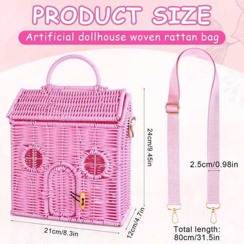 Handmade Rattan Doll House Rattan House Shape Shoulder Bag Wicker Basket with Lid Mouse in a Box House for Doll Toys Rattan Storage Basket Small Dollhouses Cute Woven Handcrafted Artwork Gift (Pink)