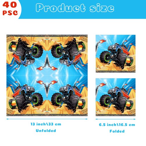 40Pcs Monster Truck Paper Napkins Monster Truck Disposable Party Napkins Set Grave Digger Monsters Trucks Paper Napkins Racing Car Theme Party Supplies for Monster Truck Themed Parties, 6.5 Inch