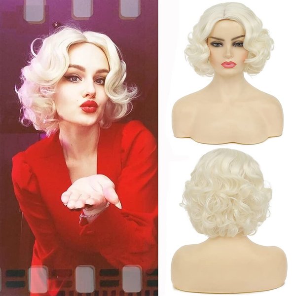 Tseses Blonde Curly Short Finger Wave Wigs for Lady with Bangs Synthetic Hair Natural Cosplay Halloween Costume Women Wigs