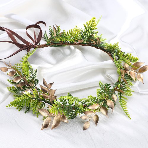 KorViSHOW Leaf Flower Crown Headband - Golden Green Fairy Floral Headpiece Boho Wreath Hair Accessorice Women Bride Wedding Birthday Photoshoot Props