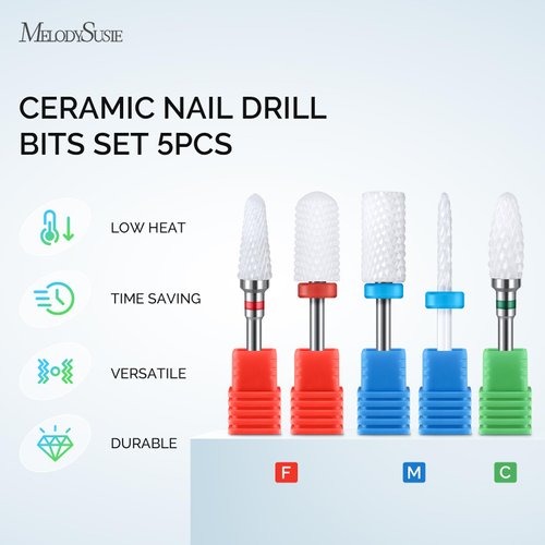 MELODYSUSIE Ceramic Nail Drill Bits Set, 3/32'' (2.35mm) Professional Acrylic Nail File Drill Bit for Manicure Pedicure Cuticle Gel Nail Polishing 5Pcs