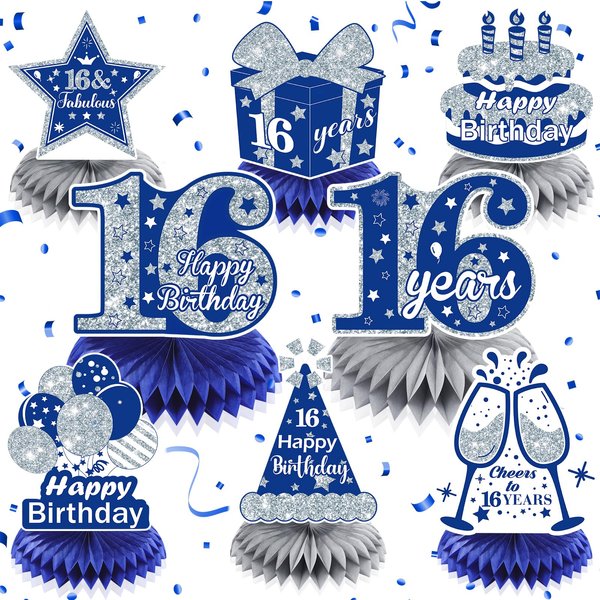 8Pcs Blue 16th Birthday Decorations Navy Blue Silver Happy 16th Birthday Table Honeycomb Centerpieces for Table Decor 16th Birthday Table Topper for Boys Girls 16th Birthday Anniversary Party Supplies