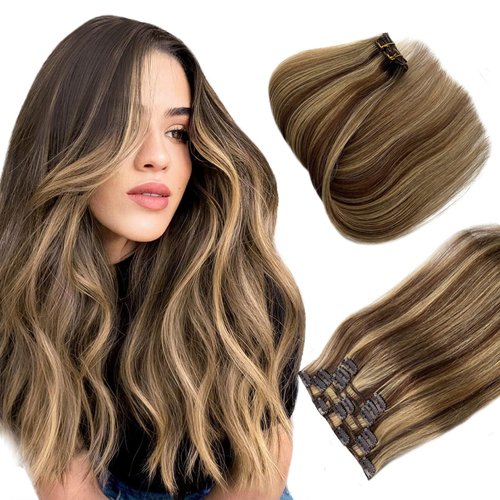 Clip in Hair Extensions Human Hair Brown Clip on for Fine Hair Full Head 7 pieces 15 inch Silky Straight Weft Remy Hair (15 inches, 4-27)