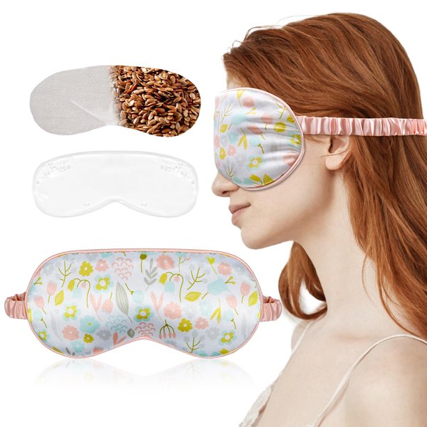 my novel things Warm Cold Eye Mask Silky Sleep Mask with Cooling Gel & Weighted Microwavable Moist Flaxseed Pad Compress for Dry Eyes Care Sleeping Women Blindfold for Migraine Puffy Swollen 3 in 1