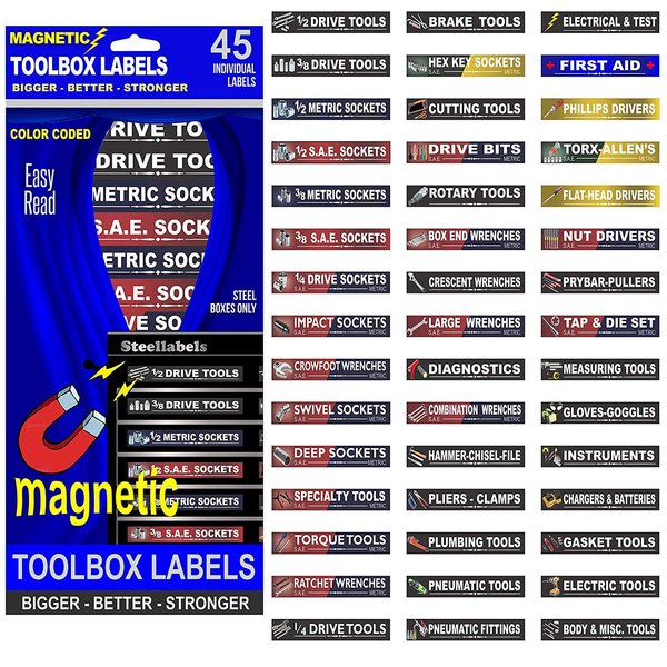 Ultimate Magnetic Tool Box Organizer Labels - Blue Edition organize boxes, drawers & cabinets “Quick & Easy”, fits all brands of ‘Steel’ tool chest Craftsman, Snap-on, Mac, Matco & Cornwell