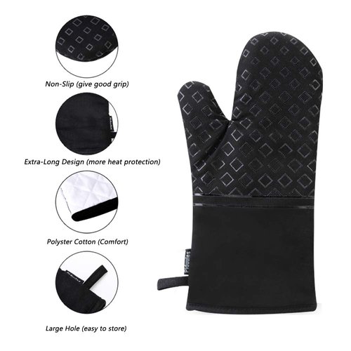 Piduules Set of 4 Oven Mitts and Pot Holders, 482 F Heat Resistant Hot Plate Moving Non-Slip Gloves for BBQ, Grill, Baking, Cooking, Oven, Microwave (Black)
