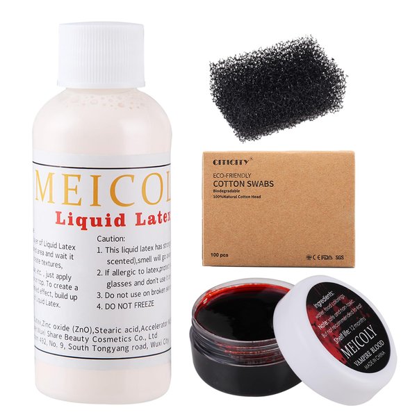 MEICOLY Liquid Latex Face Body Paint 2.1 Oz,Halloween Fake Blood Scar Wound,Subtle Wrinkle Special Effects Makeup Kit,with Coagulated Blood Gel(1.06Oz),Stipple Sponge,100pcs Cotton Swabs,Light Flesh