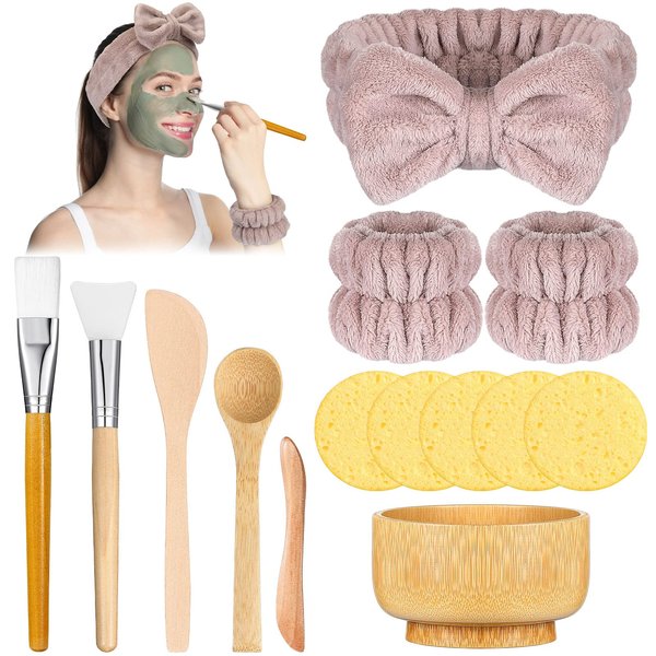 Maxdot Face Mask Mixing Bowl Set Bamboo Facial Mask Bowls Spatula, Spoon, Brushes, Facial Headband, Wrist Washband, Sponges, Mask Mixing Tools Kit for Mixing Clay Mask Facial Esthetician Supplies