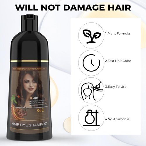 Beiler Chestnut Brown Hair Dye Shampoo 3 in 1 for Women & Men, 100% Gray Hair Coverage, Instant Color - Herbal Ingredients - For para canas mujer - 17.6 Fl Oz