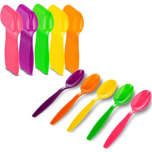 MT Products Candy Colored Medium Weight Polystyrene Plastic Tea spoons in Pink, Green, Orange, Yellow, Purple -Pack of 50 - Colors may vary