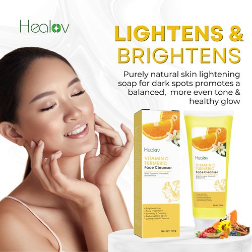 Healov Turmeric Face Wash – Skin Brightening Turmeric Liquid Soap for Discoloration – Natural Anti Aging Exfoliating Turmeric Facial Cleanser for Spots, Acne, Sun Damage – Turmeric Soap Skincare